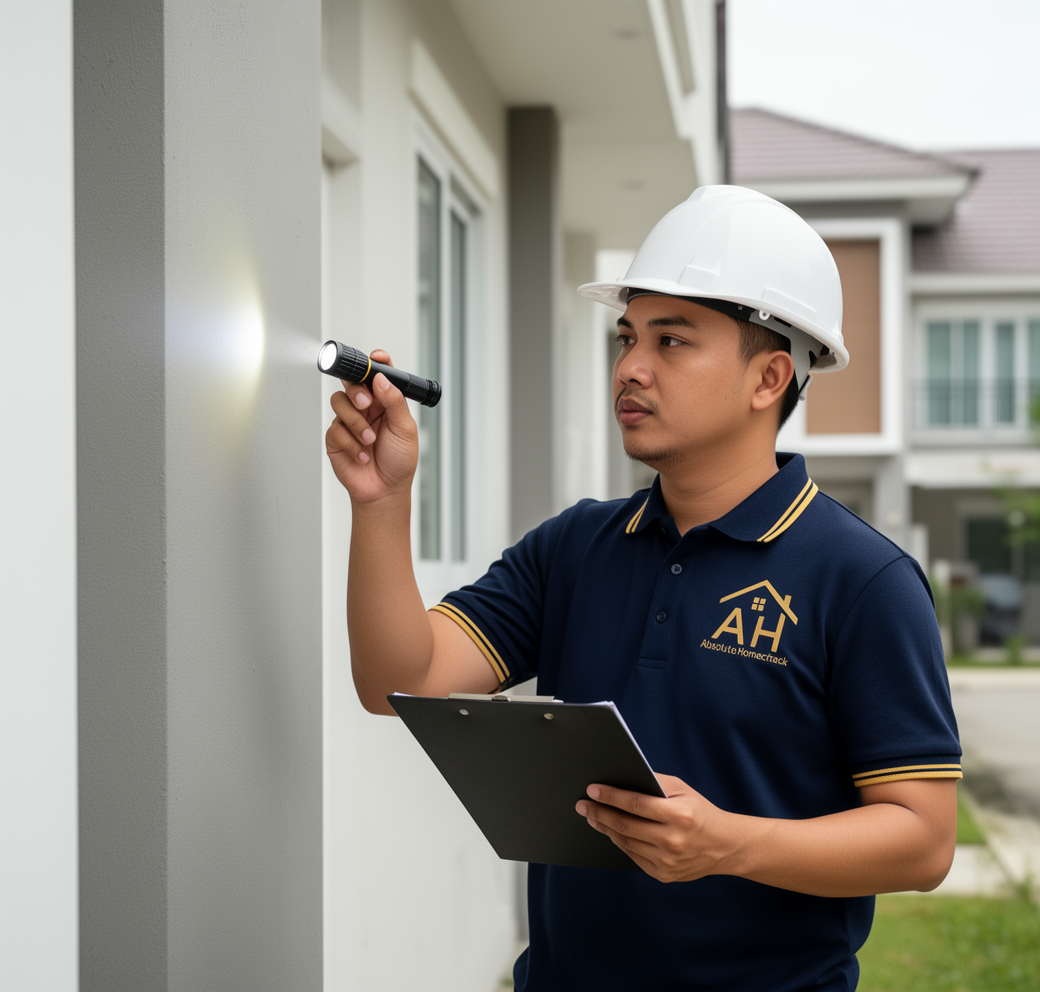 Certified Absolute Homecheck inspector examining a home exterior with a flashlight and clipboard