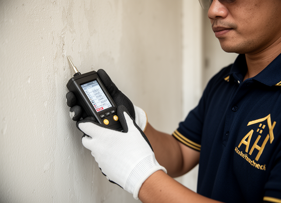 Absolute Homecheck inspector using a moisture meter on an interior wall