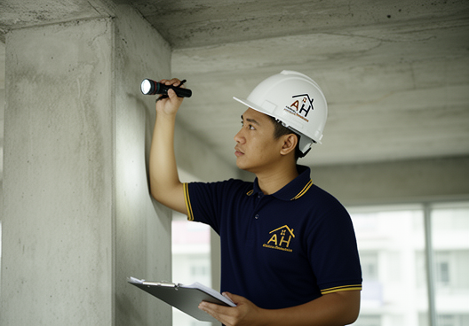 Absolute Homecheck inspector examining a structural column in a commercial building