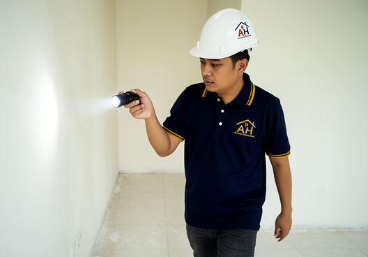 Absolute Homecheck inspector checking a new home unit with a flashlight