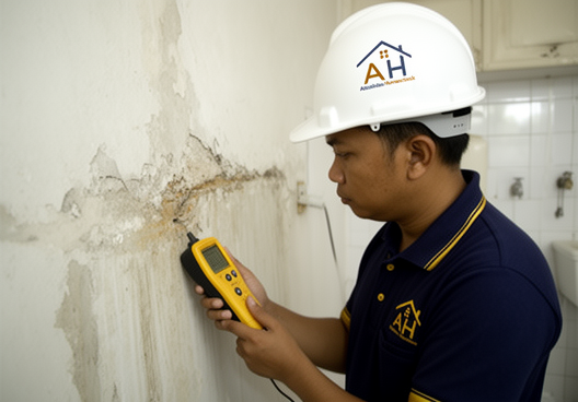 Absolute Homecheck inspector testing water seepage in a subsale property